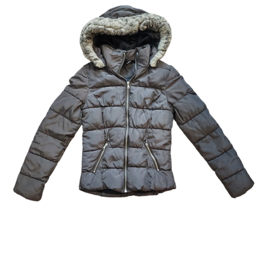 H&M Womens Dark Olive Puffer Jacket w/ Faux Fur Hood - Size 2 (XS)
